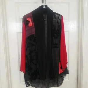 AHNI Red and Black Velvet and Sheer Open Cardigan